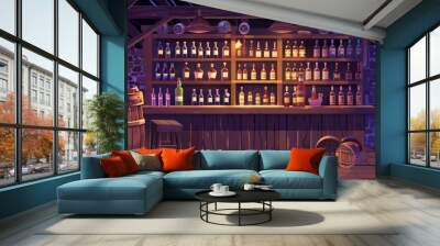 Modern cartoon interior of an alcoholic drinks market with bottles of wine, beer, and whiskey on display, along with a wooden rack, shelving, barrels, and advertising stand. Wall mural