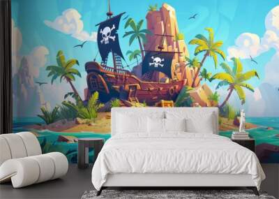 Modern cartoon seascape with broken pirate ship and treasure chest on tropical island with palm trees and gold coins. Wall mural