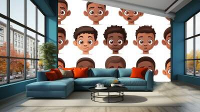 Modern cartoon set of black skin kid face generator with eyes, noses, hairstyles, brows and lips. African American child face construction with head parts isolated on white background. Wall mural