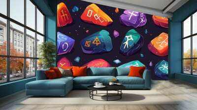 Modern cartoon set of colored stones with shiny magic signs, scandinavian runic characters on a dark background. Wall mural