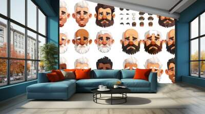 Modern cartoon set of eyes, noses, hairstyles, brows, lips, and brows of homeless man on white background. Wall mural