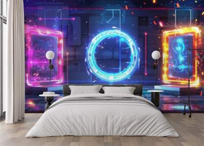 Modern hologram-effect and neon portals. Magic circle and square podiums and teleport platforms with colored light beams and sparkles. Modern realistic set. Wall mural