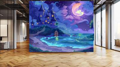 Modern illustration of a fairytale castle on a hill above a stormy night sea. The castle includes two towers, a wooden gate, a moon glowing in the sky, birds flying in the stars and a tree by the Wall mural