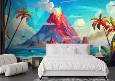 Modern illustration of a tropical volcano island in the sea with palm trees in the ocean. Traveling and relaxing in tropical nature on a sunny day on a tropical island with palm trees. Wall mural