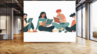 Modern illustration of diverse youth learning and studying together. Students do homework, read books, use laptops, drink coffee, and write. Wall mural