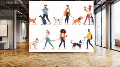 Modern illustration set with people and dogs having fun, walking pets, training them, and smiling. Humans and animals are friends. Wall mural