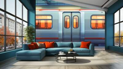 Modern realistic background with glass windows and doors in metal wall of metro carriage. Passenger train, subway train outside. Wall mural