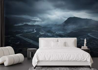 Moody, volcanic landscape with winding road under stormy skies. Wall mural