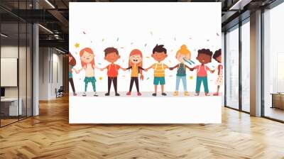 Multi-ethnic kids classroom portraits. Joyful excited boys and girls. Flat graphic modern illustration isolated on white background. Wall mural