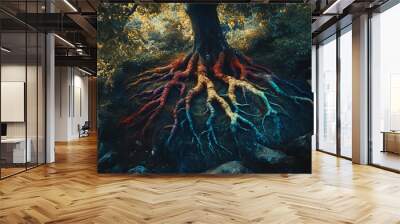 mystical tree roots in vibrant colors - forest fantasy landscape Wall mural