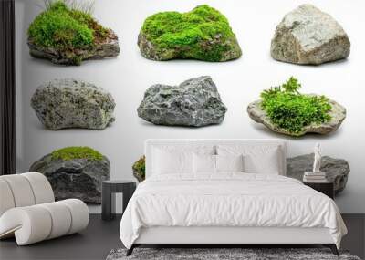 Natural moss-covered rocks and boulders isolated on white, nature and ecology Wall mural