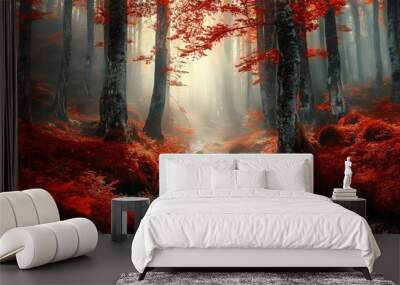 Nature background suitable for wallpaper and covers with autumn landscape with misty dark forest and mountain creek. Wall mural