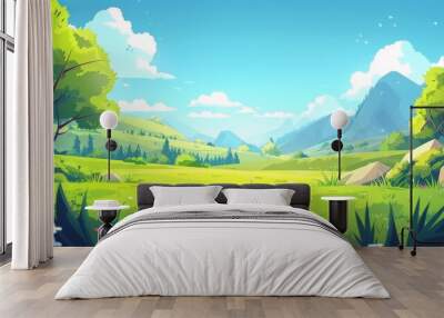 Nature landscape with green grass, bushes, trees, and blue skies near hills at the foot of high mountains. Cartoon modern panoramic scene with grassland and clouds. Countryside scene. Wall mural