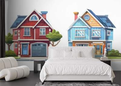 Neighborhood real estate countryside houses. Two-story dwellings with garages, isolated on white background. Cartoon house facades on white background. Wall mural