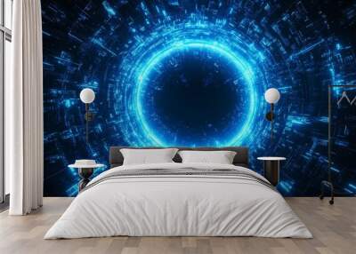 Neon circle light arch, in the center, light, rays, smoke, abstract blue background with neon rays and smoke. Wall mural