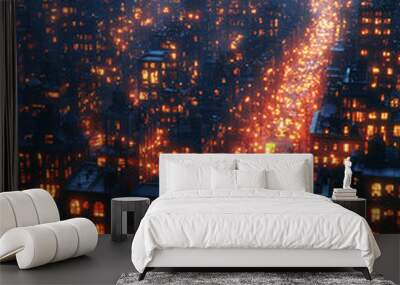 night cityscape with warm lights and snow - urban aerial view illustration Wall mural