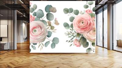 Nude pink ranunculus, eucalyptus vector design bouquet Wall mural