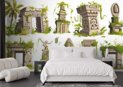 Old lost civilization buildings and statues in ancient ruin, modern illustration with green liana vines and grass in jungle setting. Destroyed abandoned architecture and monument... Wall mural