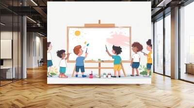 On a large whiteboard the children are painting their dreams. The illustration is in a flat design style minimal modern style. Wall mural