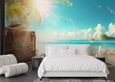 On the beach at a tropical location with a sunny sea and palm leaves, a suitcase rests on the sand Wall mural