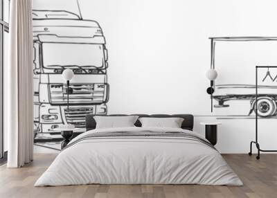 One continuous drawn single art line doodle drawing sketch Truck with Cargo Trailer Driving Wall mural