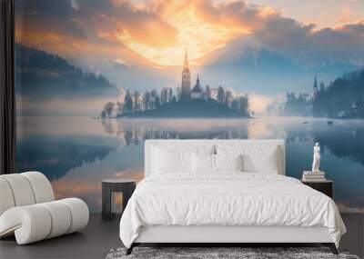 Over the island in the misty Bled Lake, Slovenia, a magic and unpredicted sunrise unfolds Wall mural