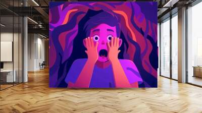 Panic attack disorder in a scared man. Modern flat illustration of a scared man frightened by shadows or ghosts. Terrified character crying under blanket, hiding under cover. Wall mural