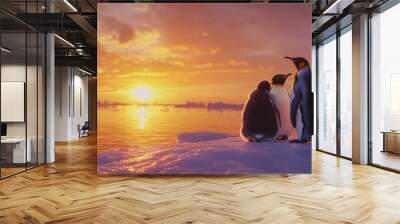 penguin family at sunset in antarctica - wildlife, nature, cold climate, cute, golden hour, polar animals,  winter,  ice,  birds,  sunset,  sky,  water,  landscape,  wildlife photo Wall mural