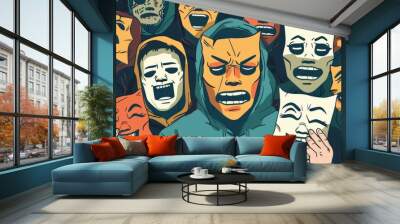 Personality banners with sad faces hidden behind happy masks. Impostor syndrome, hypocrisy, psychological help to men and women with identity issues. Line art flat modern flyers. Wall mural