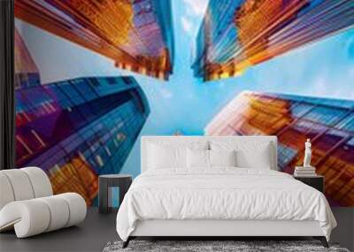 Photo collage featuring modern office building skyscrapers with colorful graphic elements, captured Wall mural