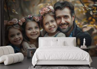 Photograph of a beaming American family huddled together, their faces full of joy and laughter. Stock photo. Wall mural