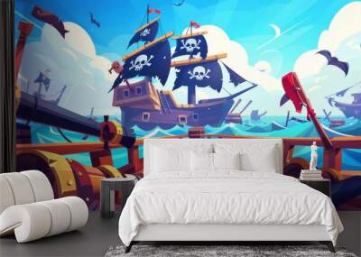 Pirate party flyer, invitation for an adventure game or event. Modern illustration of the sea, pirate ship wooden deck with cannons, and black flag with skull. Wall mural