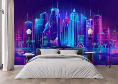 Pixel Art Web Banner for Casino or Gambling Club Games. Dollar rain falling on neon blue futuristic city buildings. Super offer promotion, promocode, invitation Modern mobile app screen. Wall mural