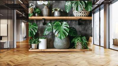 Plants in living room with decorations on the table. Stylish composition of home garden industrial interior. Urban jungle interior with houseplants. Wall mural