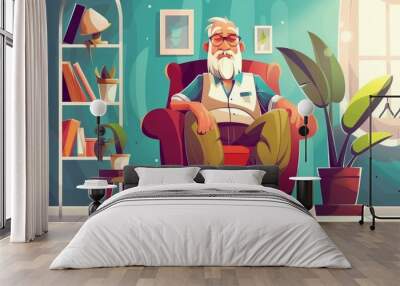 Poster for home health care services. Concept of social aid and care for old patients at home. Cartoon illustration of a happy elderly man sitting in an armchair in his home. Wall mural