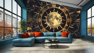 Poster of esoteric astrology with sun and moon golden celestial elements. Wall mural