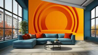 Present your products with a simple and minimalistic design on this 3D podium with orange background Wall mural