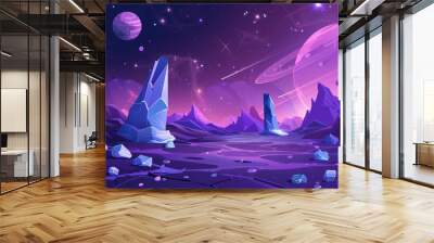 Purple planet landscape, stars, satellites, alien planets in the sky. Modern cartoon illustration of cosmos and cracked stone surface. Wall mural