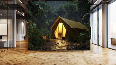 Rain on the tent in the forest, tropics, calm, peace, meditation, camping, night, calm Wall mural