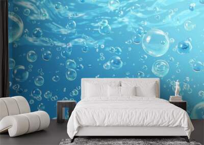 Realistic 3D modern illustration of an abstract background with air bubbles on the surface of blue water, fluid motion, transparent aqua, and random underwater fizzing. Wall mural