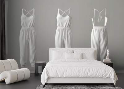 Realistic girls clothes, summer garment or nightwear mockup of a female jumpsuit mockup in front and back views. Modern 3D template of white overalls and pants with a sleeveless tank top. Wall mural