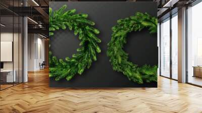 Realistic modern illustration of a pine tree branch, christmas garland set. Circle of fir twigs with green needles isolated on a transparent background. Winter holiday evergreen decoration. Wall mural