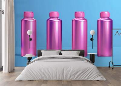 Realistic modern mock-up of spray deodorant in aluminum aerosol can, antiperspirant in pink metal bottles isolated on background. Wall mural