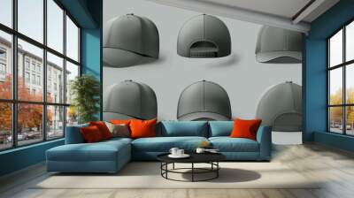 Realistic modern templates of gray snapback caps with visor in four different views. Blank sport uniform headwear - cotton clothing elements. Wall mural