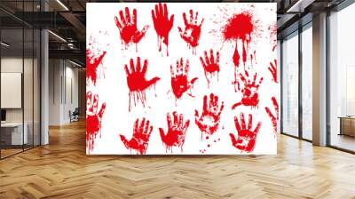 Red Bloody Handprints Collection on White Background. Horrifying set of red handprints and splatters, symbolizing crime or horror themes, isolated on white. Wall mural