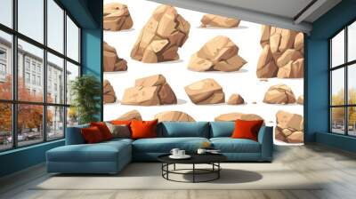 Rocky stones isolated on white background. Modern cartoon illustration of sandstone boulders with irregular cracked surfaces, mountain landscape design elements, wild west canyon landscape. Wall mural