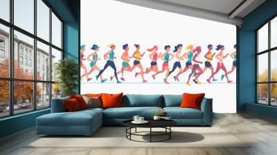 Rowing, marathon jogging, sports exercising or competition concept with young male and female athlete characters in sportswear, healthy lifestyle, activity flat modern illustration Wall mural