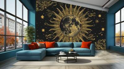 Sacred black night sky with clouds, heavenly tarot print, modern illustration of the zodiac, horoscope, golden sun and moon with round orbits. Wall mural