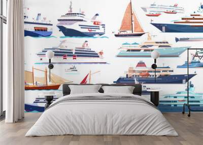 Sailboat yacht steamer and fishing boats on water harbor vector isolated sign set Wall mural