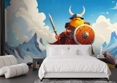 Scandinavian warrior cartoon with beard. Funny fat man barbarian soldier stand on northern rocky landscape with horned helmet, sword and round shield, modern illustration. Wall mural